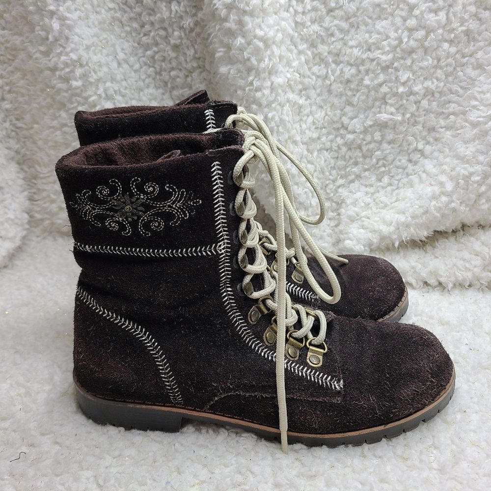 Canda Brown Suede Leather Embroidered Lace-up Fleece Lined‎ Boots sz 38